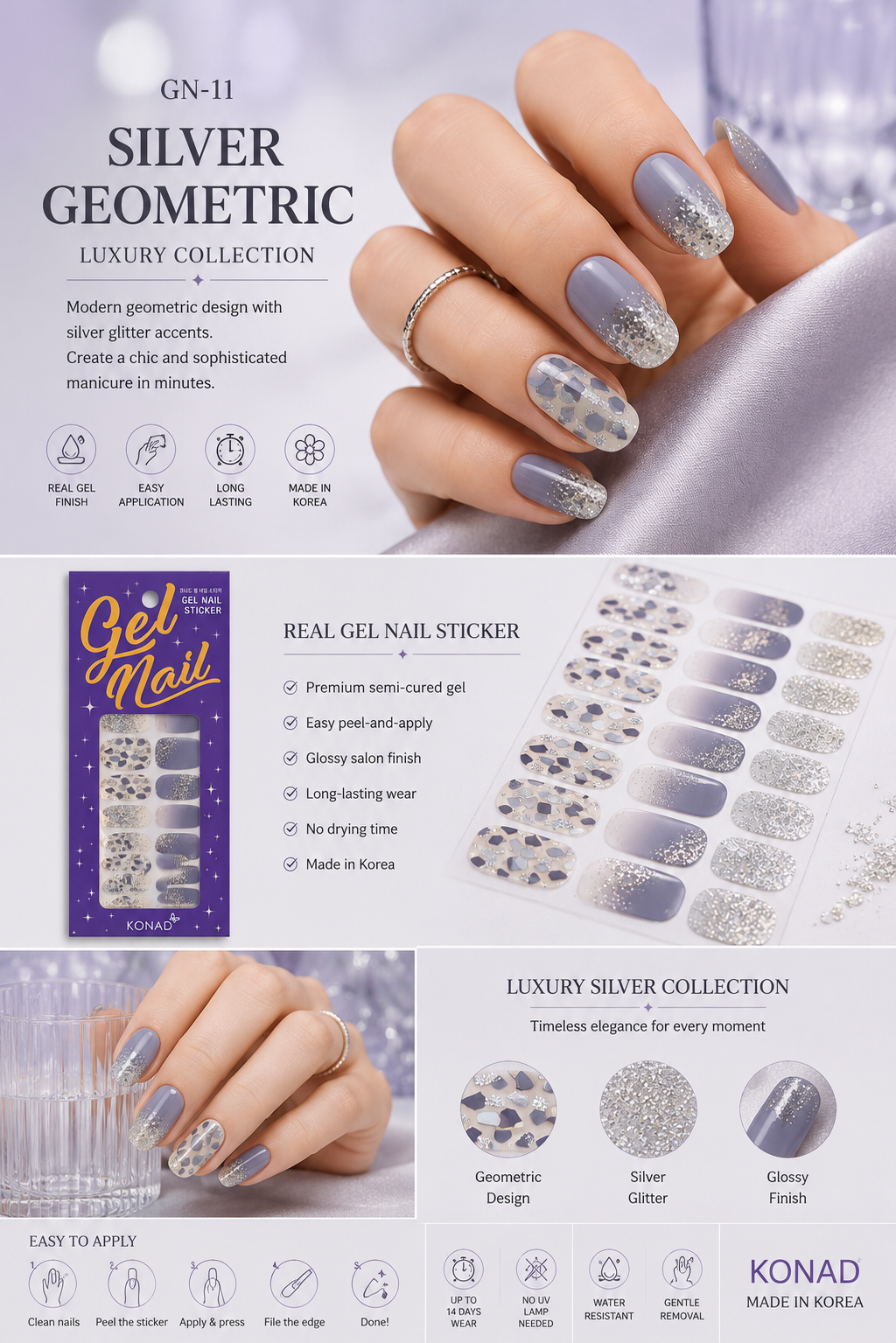 KONAD Gel Nail Sticker GN-11 Silver Geometric