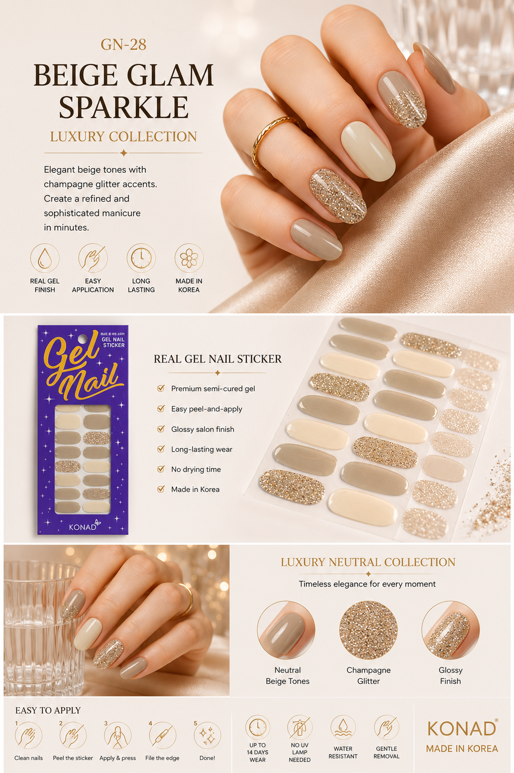 KONAD Gel Nail Sticker GN-28 Beige Glam Sparkle